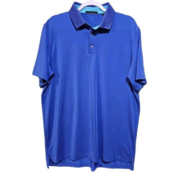 Greyson Mens Polo Shirt Size Large Blue Golf Button Wolf Logo Solid Performance - Picture 1 of 6